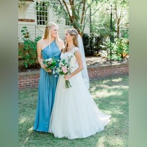 One Shoulder David’s Bridal Bridesmaid Dress Steel Blue Size 8